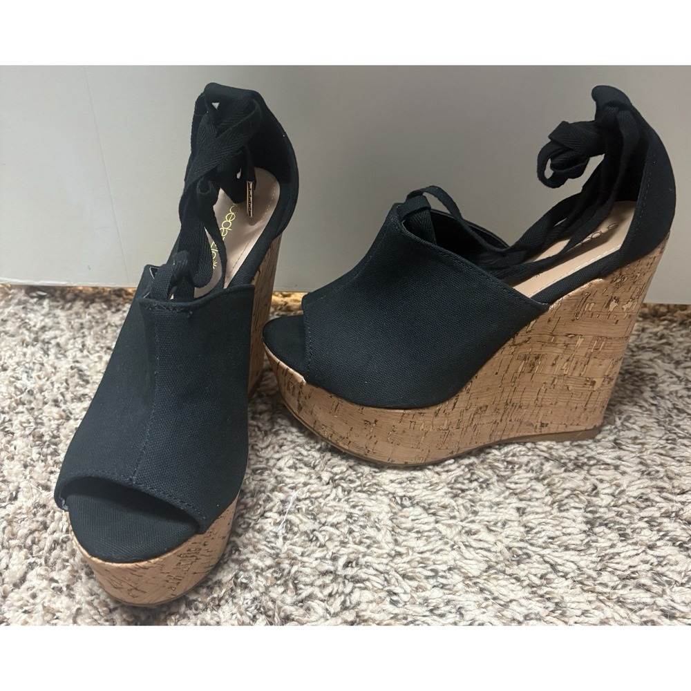 Black Linen Wedge Tie Up Heels Size 7